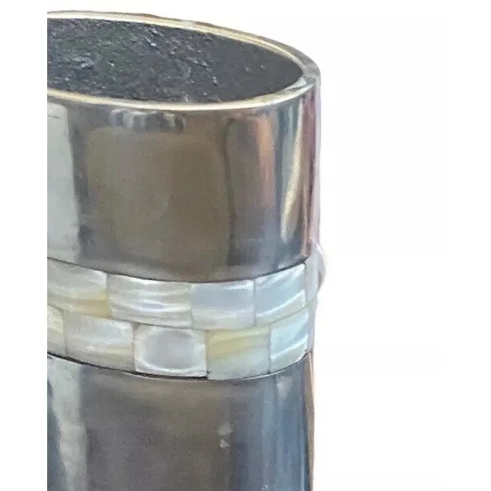 Silver Tone Mother Of Pearl Inlaid Tile Vase 8” Magenta Inc Cylinder Shell Boho
